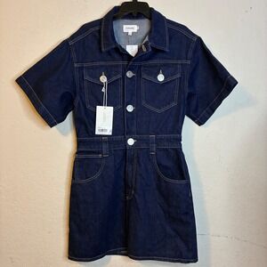 FRAME Denim Mini Dress Large Short Sleeve Button Dark Rinse ODDDR727 Womens NWT